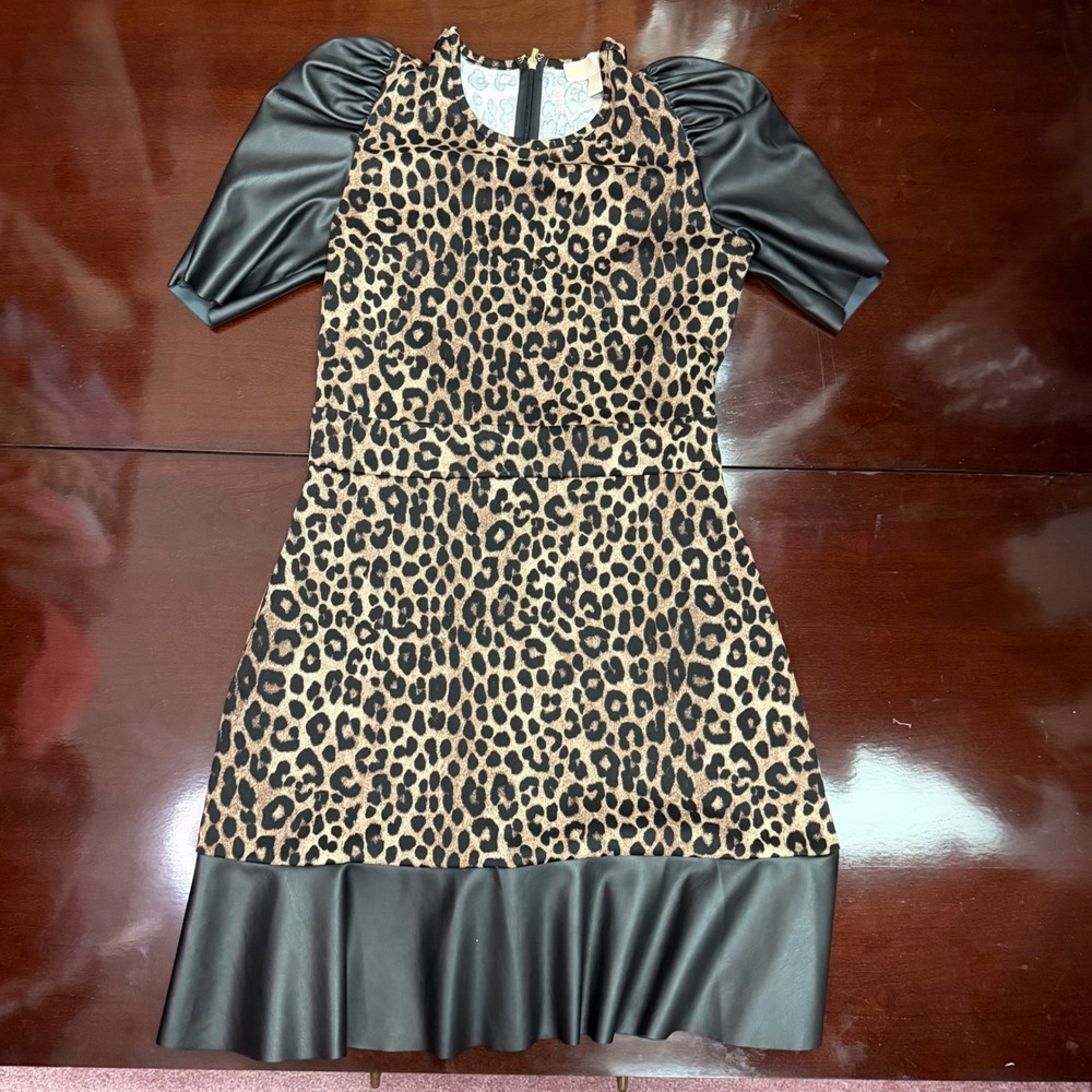 Michael Michael Kors Leopard Print Faux Leather Puff Sleeve Ruffle Dress Small